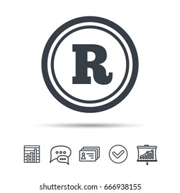 Registered trademark icon. Intellectual work protection symbol. Chat speech bubble, chart and presentation signs. Contacts and tick web icons. Vector