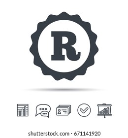 Registered trademark icon. Intellectual work protection symbol. Chat speech bubble, chart and presentation signs. Contacts and tick web icons. Vector