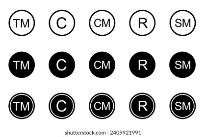 Logo de marca registrada. Símbolo de marca comercial. Marca inteligente y derecho y licencia de marca registrada. Iconos de la marca de derechos de autor. Signo de propiedad intelectual. Ilustración del vector