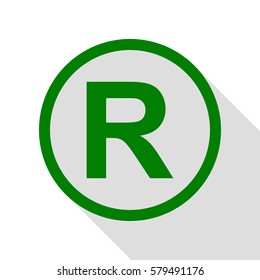 Registered Trademark sign. Green icon with flat style shadow path.