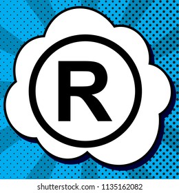 Registered Trademark sign. Vector. Black icon in bubble on blue pop-art background with rays.