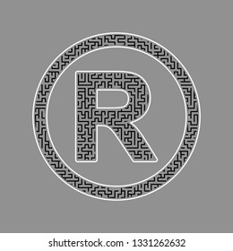 Registered Trademark sign. Vector. Black maze filled icon with white border at gray background.