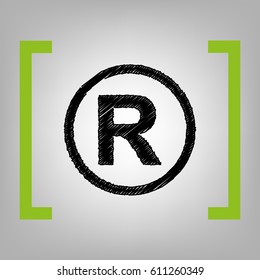 Registered Trademark sign. Vector. Black scribble icon in citron brackets on grayish background.