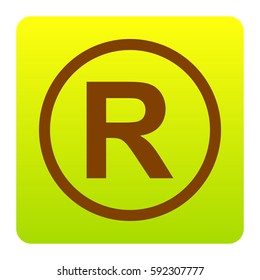 Registered Trademark sign. Vector. Brown icon at green-yellow gradient square with rounded corners on white background. Isolated.