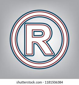 Registered Trademark sign. Vector. Dark red, transparent and midnight green stroke of white icon at grayish background.