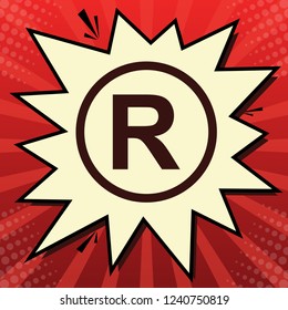Registered Trademark sign. Vector. Dark red icon in lemon chiffon shutter bubble at red popart background with rays.