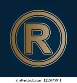 Registered Trademark sign. Vector. Golden icon and border at dark cyan background.