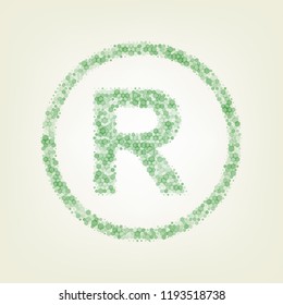 Registered Trademark sign. Vector. Green hexagon rastered icon and noised opacity and size at light green background with central light.