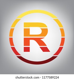 Registered Trademark sign. Vector. Horizontally sliced icon with colors from sunny gradient in gray background.