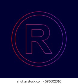 Registered Trademark sign. Vector. Line icon with gradient from red to violet colors on dark blue background.