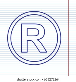 Registered Trademark sign. Vector. Navy line icon on notebook paper as background with red line for field.