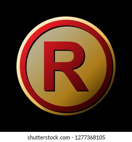 Registered Trademark sign. Vector. Red icon with small black and limitless shadows at golden sticker on black background.
