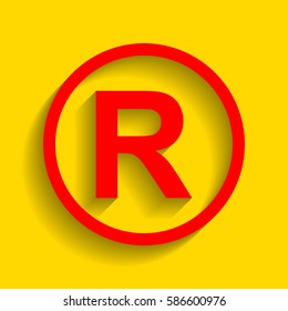 Registered Trademark sign. Vector. Red icon with soft shadow on golden background.