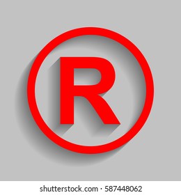 Registered Trademark sign. Vector. Red icon with soft shadow on gray background.