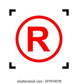 Registered Trademark sign. Vector. Red icon inside black focus corners on white background. Isolated.