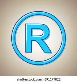 Registered Trademark sign. Vector. Sky blue icon with defected blue contour on beige background.