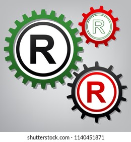 Registered Trademark sign. Vector. Three connected gears with icons at grayish background.