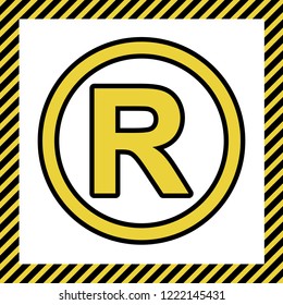 Registered Trademark sign. Vector. Warm yellow icon with black contour in frame named as under construction at white background. Isolated.