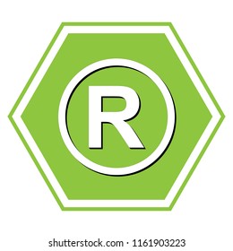 Registered Trademark sign. Vector. White icon with black shadow at yellow green honeycomb on white background.