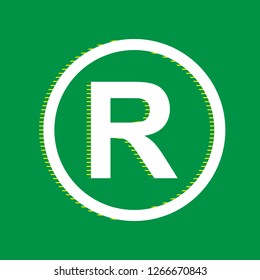 Registered Trademark sign. Vector. White flat icon with yellow striped shadow at green background.