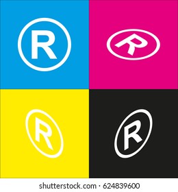 Registered Trademark sign. Vector. White icon with isometric projections on cyan, magenta, yellow and black backgrounds.