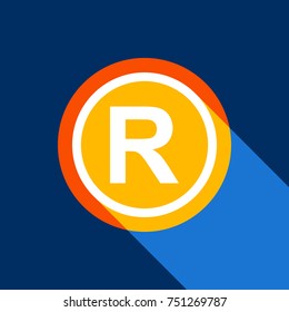 Registered Trademark sign. Vector. White icon on tangelo circle with infinite shadow of light at cool black background. Selective yellow and bright navy blue are produced.