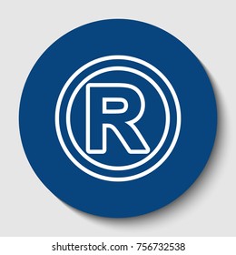Registered Trademark sign. Vector. White contour icon in dark cerulean circle at white background. Isolated.