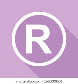 Registered Trademark sign. White Icon with long shadow at purple background. Illustration.