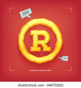 Registered trademark symbol. Golden jewel typeface element. Gold casted. Vector illustration.