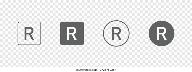 Conjunto de variaciones de símbolos de Marca comercial registrada, letra R en íconos circulares, Derechos de autor y marcas de marca, ilustración de Vector de signo legal en blanco y negroConjunto de variaciones de símbolos de Marca comercial registrados, letra R