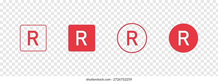 Conjunto de variaciones de símbolos de Marca comercial registrada, letra R en íconos circulares, Derechos de autor y marcas de marca, ilustración de Vector de signo legal en blanco y negroConjunto de variaciones de símbolos de Marca comercial registrados, letra R