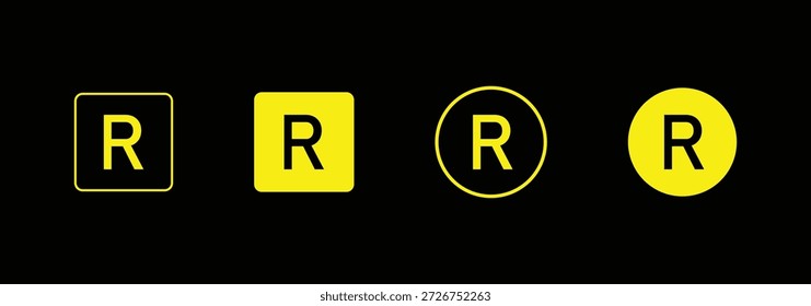 Conjunto de variaciones de símbolos de Marca comercial registrada, letra R en íconos circulares, Derechos de autor y marcas de marca, ilustración de Vector de signo legal en blanco y negroConjunto de variaciones de símbolos de Marca comercial registrados, letra R