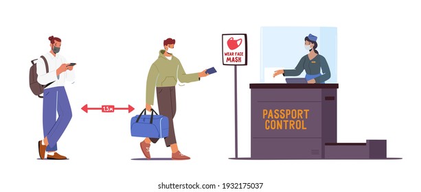 Registration in Airport Passport Control during Covid Pandemic. Passengers Characters in Medic Masks Stand in Queue Keep Distance Prepare Documents for Flight Cartoon People Vector Illustration