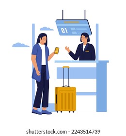 Registration in airport terminal passengers illustration concept. Illustration for websites, landing pages, mobile applications, posters and banners. Trendy flat vector illustration