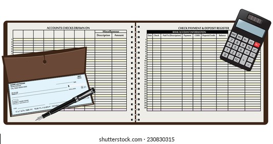 Registration book and pen with payment by bank check. Vector illustration.