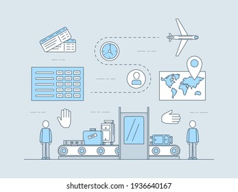 Registration, check in and pre flight inspection at the airport vector flat line illustration. Baggage on luggage belt, airport workers, plane, world map sign. Traveling, online booking concept.