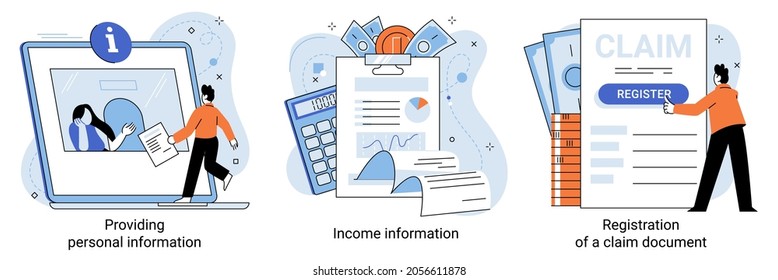 Registration of claim form document, providing personal information, income information vector set. Tax filing, credits and expenses, financial report. Online service, app with private data of users
