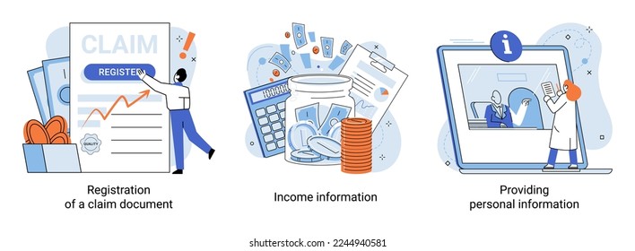 Registration of claim form register document, providing personal information, income information vector set. Employer form, earnings statement documents. Tax, financial and accounting reporting