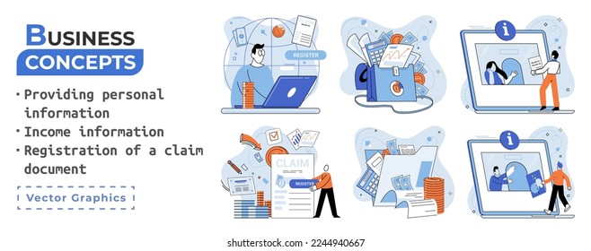 Registration of claim form register document, providing personal information, income information vector set. Employer form, earnings statement documents. Tax, financial and accounting reporting