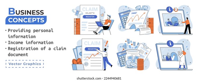 Registration of claim form register document, providing personal information, income information vector set. Employer form, earnings statement documents. Tax, financial and accounting reporting