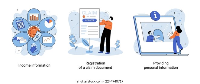 Registration of claim form register document, providing personal information, income information vector set. Employer form, earnings statement documents. Tax, financial and accounting reporting