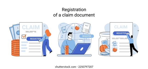 Registration of claim form register document, providing personal information, income information vector set. Tax filing, employer form, earnings statement documents, online software abstract metaphor