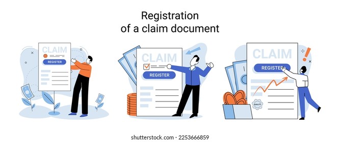 Registration of claim form register document, providing personal information, income information vector set. Tax filing, employer form, earnings statement documents, online software abstract metaphor