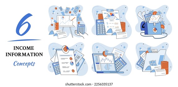 Registration of claim form register document, providing personal information, income information vector set. Employer form, earnings statement documents. Tax, financial and accounting reporting