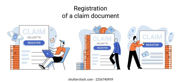 Registration of claim form register document, providing personal information, income information vector set. Tax filing, employer form, earnings statement documents, online software abstract metaphor