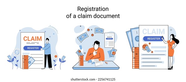 Registration of claim form register document, providing personal information, income information vector set. Tax filing, employer form, earnings statement documents, online software abstract metaphor