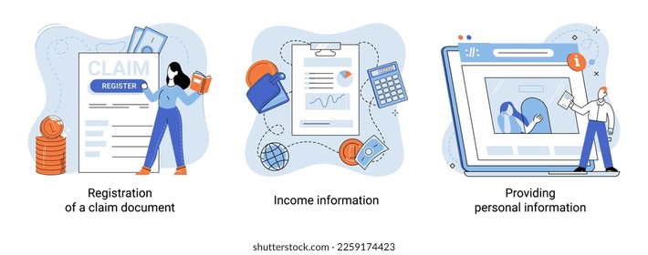 Registration of claim form register document, providing personal information, income information vector set. Employer form, earnings statement documents. Tax, financial and accounting reporting