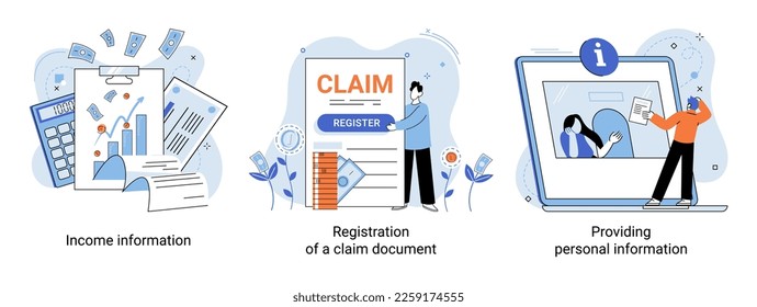 Registration of claim form register document, providing personal information, income information vector set. Employer form, earnings statement documents. Tax, financial and accounting reporting