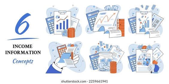 Registration of claim form register document, providing personal information, income information vector set. Employer form, earnings statement documents. Tax, financial and accounting reporting