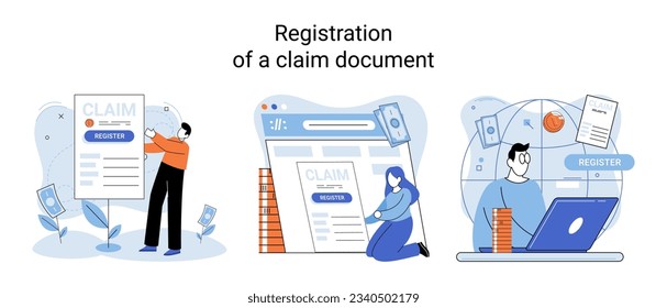 Registration of claim form register document, providing personal information, income information vector set. Tax filing, employer form, earnings statement documents, online software abstract metaphor